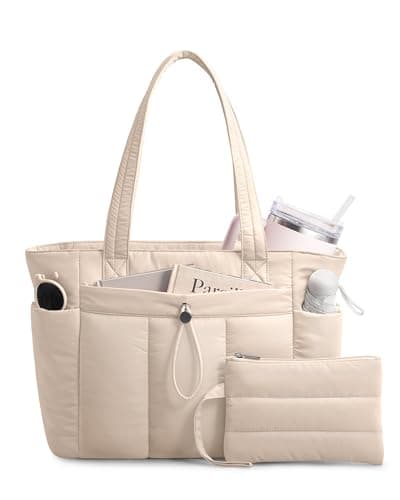 TOPDesign Puffy Tote Bag for Women with Cup Holder & Laptop Compartment & Cosmetic Bag & Trolley Sleeve for Work, Travel, Beige, Medium, Casual