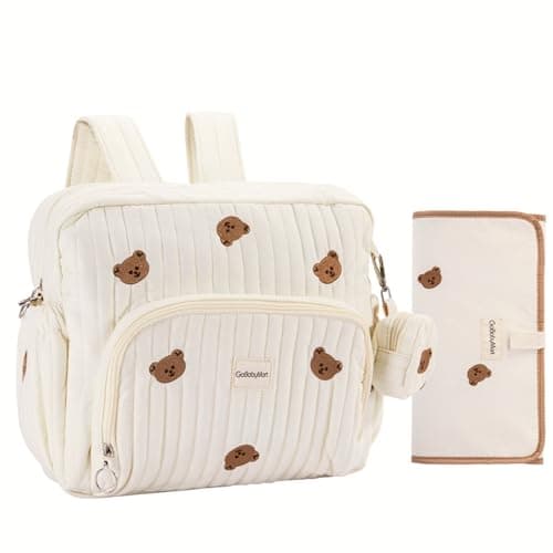 GOBABYMART Diaper Bag Backpack, Medium Maternity baby bag & Changing Pad, Insulated Pockets, Stroller Straps & Pacifier Case (Medium - Beige Bears)