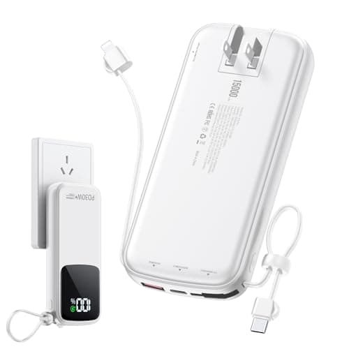 Portable Charger Power Bank, 15000mAh Portable Charger Fast Charging Lightweight, Built-in AC Wall Plug and 2 Output Cables with LED Display for iPhone Samsung iPad etc (White)