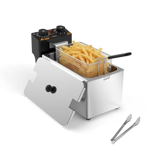 Commercial Electric Deep Fryer with Basket, 4L/4.23Qt 1200W Countertop Oil Fryer, Single Tank Fryer with Adjustable Temperature, Stainless Steel Removable Oil Tank for Home Use, Fries & Chicken