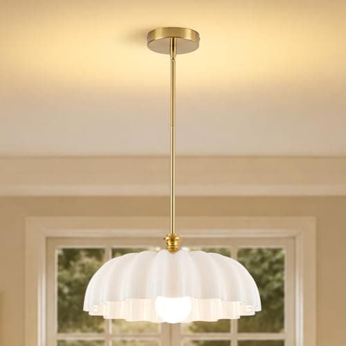 FIYUEOYI Milk Flower Gold Chandelier, 16" Vintage Milk Glass Floral Shades Pendant Light Fixture, Adjustable Height Hanging Chandelier for Dining Room Living Room Kitchen Island Bedroom