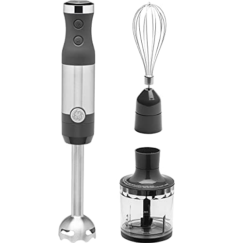 GE Immersion Hand Blender, 500 Watt High-Performance, 3-in-1 with Blend & Chop, Whisk & Chopping Jar Attachments, Dual Speed Immersion for Easy One-Handed Operation, Stainless Steel, G8H1AASSPSS
