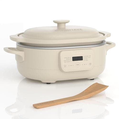 MAGNIFIQUE 4 Quart Programmable Slow Cooker, 8-in-1 Casserole Multi Cooker with Removable Non-Toxic Stoneware Crock, Claypot, Rice Cooker, Nonstick, Oven Safe Pot to 450°F, Oatmeal Color