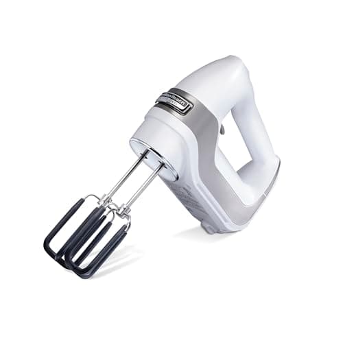 Hamilton Beach Professional 7-Speed Electric Hand Mixer, 150W, Slow Start, DC Motor, SoftScrape Beaters, Whisk, Dough Hooks, Snap-On Storage Case, White (62656)