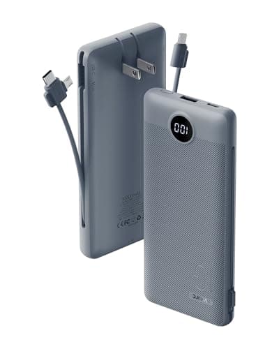 VRURC Portable Charger for iPhone Built-in Cables and Wall Plug, USB C Power Bank 10000mAh, Phone Charger Compact Lightweight External Battery Pack for iPhone 17 Pro/Air/Pro Max & Earlier Models,Grey