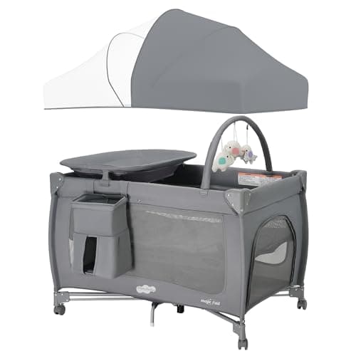 Pamo Babe Pack and Play 1-Second Setup 4-in-1 Portable Crib for Baby with Bassinet, Mosquito Net, Changing Table & Toy Arch