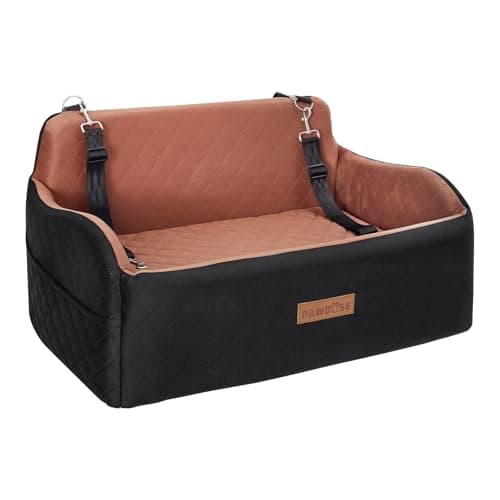 Dog Car Seat for Medium/Large Dog Booster Seat Under 55 lbs or 2 Small Dogs, Soft Fabric Car Dog Bed Filling Memory Foam, Removable and Washable Comfy Pet Car Seat, 2 Safety Belts(Black/Brown)