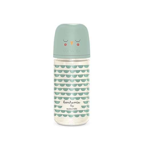 Suavinex Bonhomia Glass Baby Bottle with SX PRO Silicone Nipple, Anti Colic Baby Bottles, Baby Bottles for Breastfed Babies, Medium Flow, 3mo, 8oz, Mint