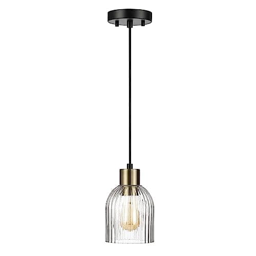 Globe Electric 67000096 1-Light Pendant Light, Matte Black, Clear Ribbed Glass Shade, Matte Brass Accent, Pendant Light Fixture, Kitchen Island, Adjustable Height, Home Décor Lighting