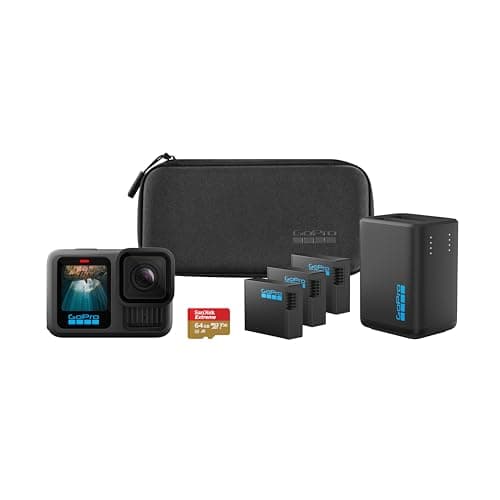 GoPro HERO13 Black Extended Power Bundle - Includes Dual Battery Charger, 3 Enduro Batteries, 64GB microSD Card, Curved Adhesive Mount, and Camera Case