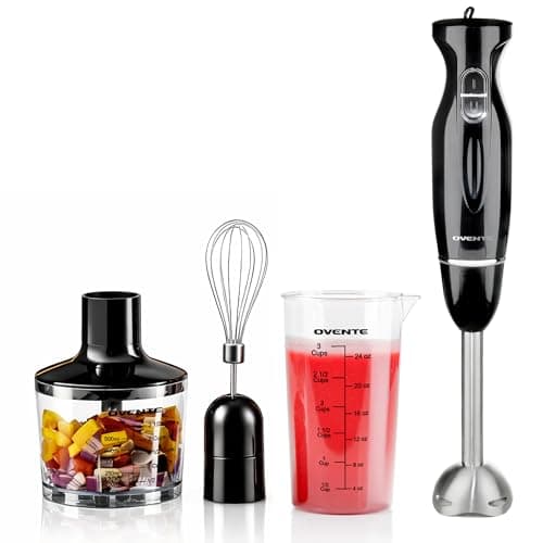 OVENTE Immersion Electric Hand Blender 300 Watt Power 2 Mix Speed with Stainless Steel Blades, Handheld Stick Mixer Set with Egg Whisk Attachment Mixing Beaker and BPA-Free Food Chopper, Black HS565B
