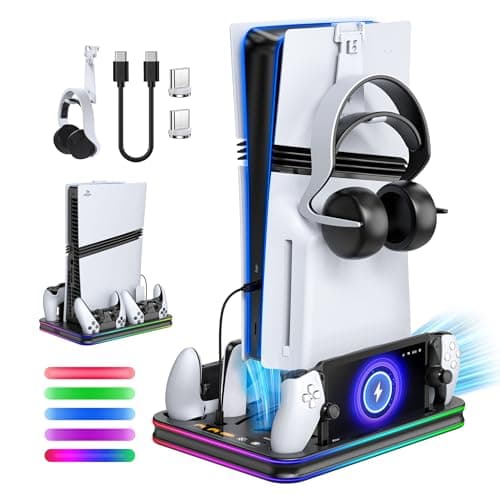 Cooling Stand & Charger Station for PS5/Slim/Pro Console and Controller, RGB Multi-Device Charging Dock for PlayStation 5 Portal with 3 Speed Fan System, Accessories Headset Holder (Black)