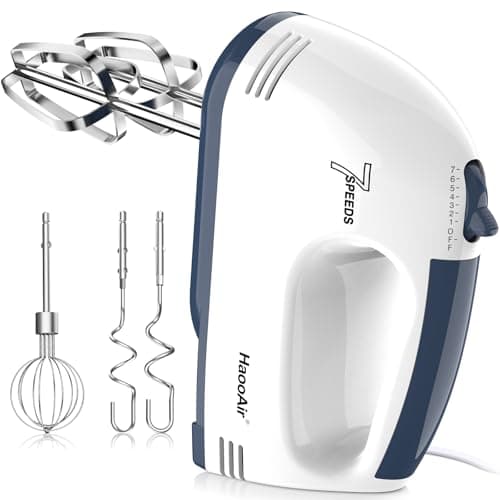 HaooAir Electric handheld mixer, 7-speed adjustable kitchen mixer, 5 stainless steel accessories (2 * Dough Hooks, 2 * Beaters, 1 * Whisk), perfect for kitchen and baking food mixers