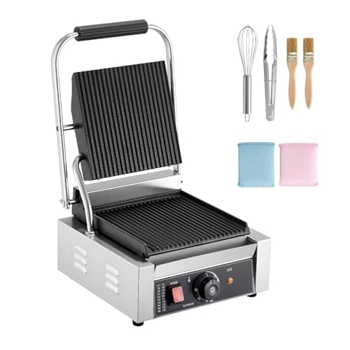 Uargd Commercial Panini Grill, 1800W Electric Sandwich Maker, Stainless Steel Press Grill with Handle and Temperature Control, 8.8x9 in Fully Grooved Enamel Plate for Burgers, Steaks, and Bacon