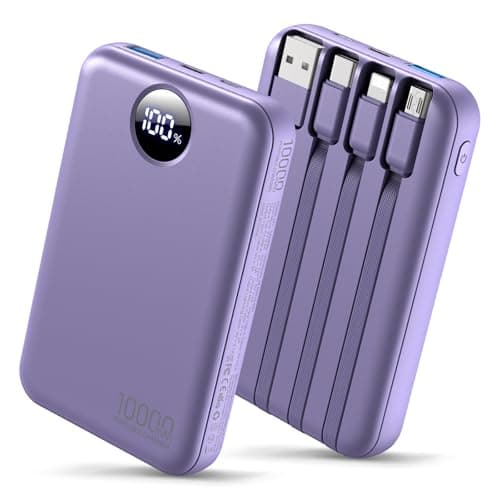 Power Bank with Built-in Cables 10000mAh Portable Charger USB C with Advanced LED Power Display, 6-Device Simultaneous Charging, High-Speed Battery Pack for Travel & Daily Use-Purple