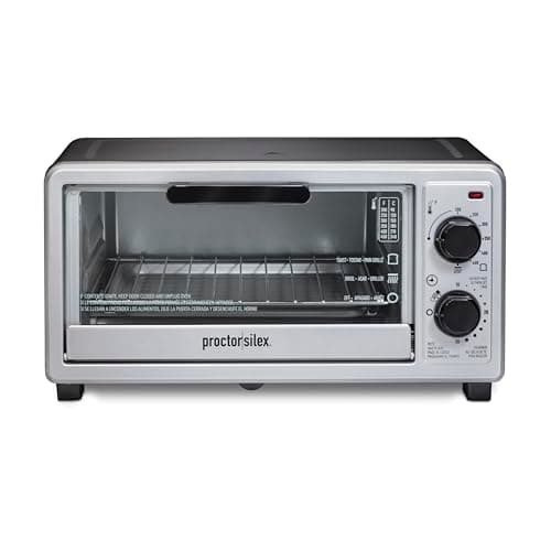 Proctor Silex 4-Slice Toaster Oven Broiler, Black and Silver, 1100W Compact Countertop Oven, Bake, Broil & Toast, Includes Bake Pan and Oven Rack, 31260G