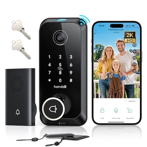 Hornbill Video Smart Lock with Camera: 10-in-1 Ring+2K Camera+Doorbell+Fingerprint Keyless Entry Door Lock, Built-in WiFi Deadbolt(only 2.4G), Two-Way Audio/App Remote Control/PIR, No Monthly Fee