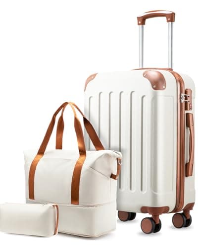 YOETEY Carry On Luggage Sets 3 Piece, Lightweight Durable Hardside Suitcase for Travelling with Spinner Wheels & TSA Lock, White Brown