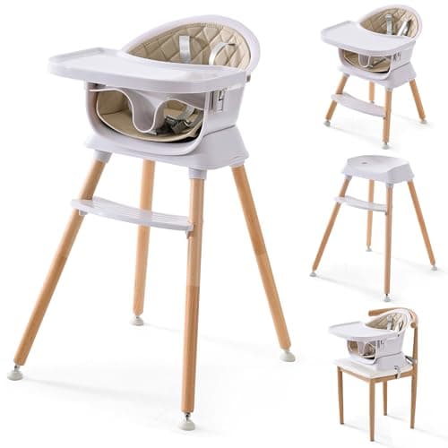 6-in-1 Wooden Baby High Chair, Booster Seat, Hrusitoo Convertible Baby High Chairs for Babies and Toddlers with Adjustable Heights and Removable Dishwasher-Safe Tray