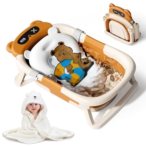 Kerbwry Baby Bathtub for Newborn to Toddler, Baby Bath Tub with Soft Towel and Floating Cushion, Baignoire Pour Bébé, Shower Essentials for Newborn (0-18 Months) Brown