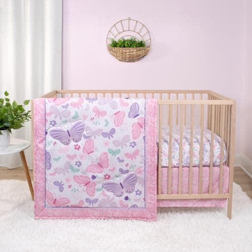 The Peanutshell 3 Piece Baby Crib Bedding Set for Girls - Newborn, Infant & Toddler Nursery Bed Set Decor with Fitted Crib Sheet, Dust Ruffle Comforter - Butterfly Song