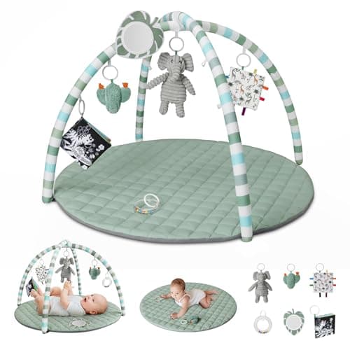 Baby Play Gym Mat, Tummy Time Activity Mat with 6 Detachable Toys for Stage-Based Sensory and Motor Skill Development, Washable Play Mats for Infant, Newborn Baby Essentials, Sage Green