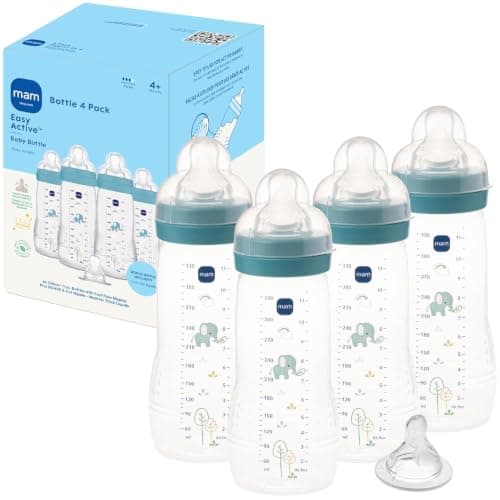 MAM Easy Active Natural Flow Anti-Colic Baby Bottle, 4+ Months, 4 Pack, 11oz, BPA Free, Fast Flow Skin Soft Silicone Anti-Colic Nipple, Anti-Slip Grip, Leak-Proof, 4+ Months, Made In Europe, Blue Teal