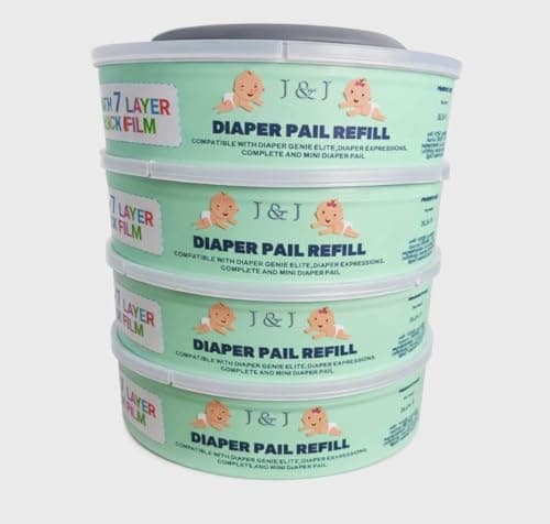J & J Diaper Pail Refills, 7 Layer Odour Lock Film, Compatible with Diaper Genie Elite, Expressions, Complete and Mini Pails, 8.74 Yards, 4 Pack