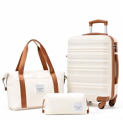 LONG VACATION Carry On Luggage Sets 3 Piece 20 Inch Suitcase Set, ABS+PC Hardshell Lightweight Travel Luggage with Spinner Wheels & YKK Zipper TSA Lock (White-Brown,20 INCH)