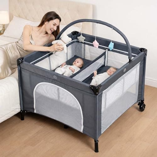Jestonten Twin Bassinet - Foldable Double Bassinet for Twins with Hanging Toys & Storage Basket, Portable Bedside Sleeper Pack and Play with Carry Bag Grey