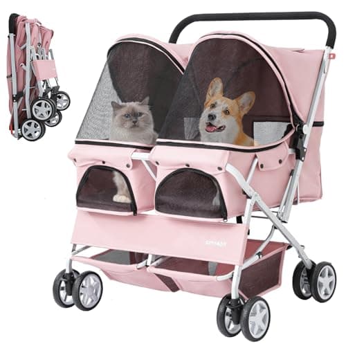 Double Pet Stroller, Foldable Stroller for 2 Dogs & Cats, Two-Seater Carrier Twin Dog Walk Jogger Travel Pet Carriage Cart with Storage, Pink