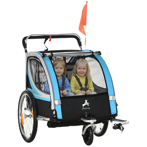 Aosom 2 Seat Bike Trailer for Kids 2-in-1 Double Baby Stroller with Handbrake, Rubber Wheels, 5 Point Harness, Waterproof Cover, Storage Bag, Reflectors, Blue