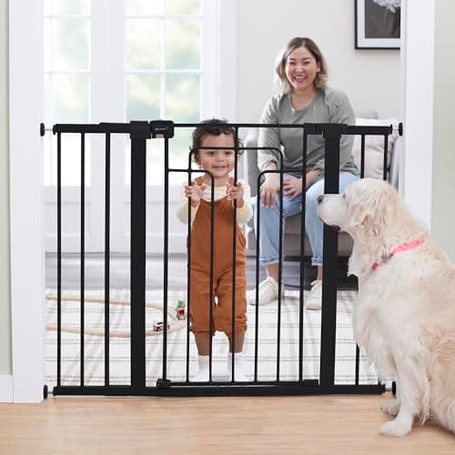 Safety 1st Contemporary Tall & Wide Gate with SecureTech - Pressure-Mounted, Tool-Free Setup, Adjustable Width (29”-47”), SecureTech Indicator, Child-Resistant Lock, Pet & Dog Barrier, Black
