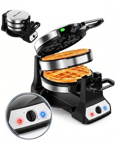 Waffle Maker, 1400W Belgian Waffle Maker, Double Waffle Iron 180° Flip, Rotating Nonstick Plates, Adjustable Browning Control, Locking Buckle & Cool Touch Handle, Removable Drip Tray, Stainless Steel