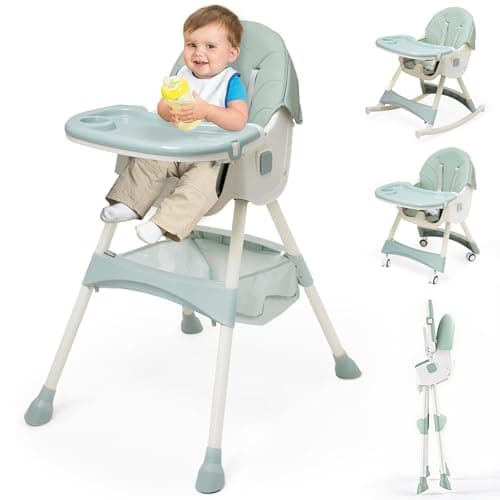 3-in-1 Foldable Baby High Chair Adjustable Convertible Feeding Chair Babies and Toddlers Portable Booster Seat Rocking Chairs Reclining Seat with PU Cushion and Double Tray