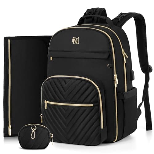 MOMUVO Diaper Bag Backpack, Quilted Baby Bag with Changing Pad and Stroller Straps, Black, Large, Modern