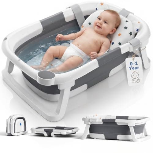 DEANIC Baby Bathtub for Newborns & Infants (0–12 Months), Foldable Baby Bath Tub for Easy Storage, Soft Support Cushion for First Baths, Portable for Indoor & Travel Use (Grey)