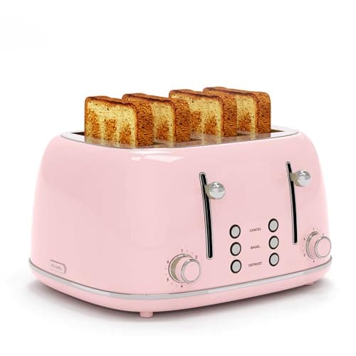 Toaster 4 Slice, Retro Stainless Toaster with 6 Bread Shade Settings,1.5''Wide Slots Toaster with Cancel/Defrost/Reheat Functions,Dual Independent Control Panel (Pink)
