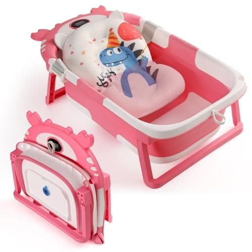 Baby Bathtub for Infant to Toddler,Collapsible Baby Bath Tub with Soft Cushion & Thermometer,Space Saving Foldable & Travel Newborn Bathtub 0-36 Months (Pink, Crab)