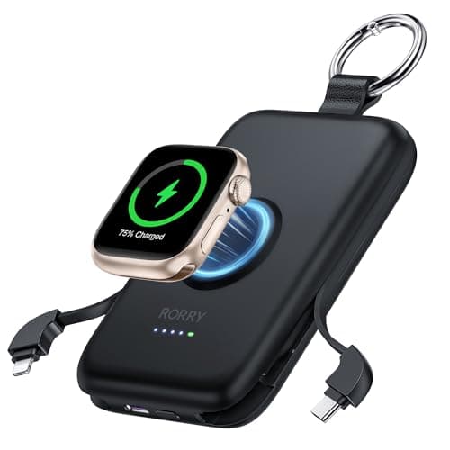RORRY Portable Charger, 10000mAh PD 20W Fast Charging Portable Charger Power Bank with Built in Cables, Travel Battery Pack for iPhone 15/14/13/12/11 and Apple Watch Ultra/9/8/7/6/5/4/3/2, Black