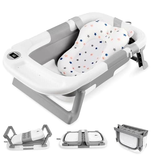 LIVINGbasics Foldable Baby Bath Tub for Infants to Toddler, Anti-Slip Portable Travel Shower Basin with Soft Support Cushion and Temperature Sensor