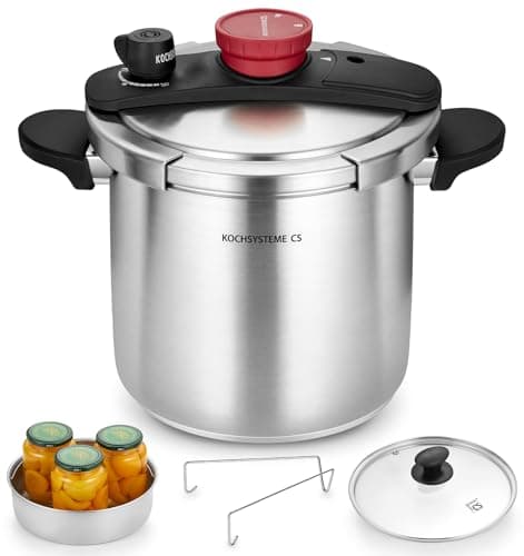 KOCH SYSTEME CS Pressure Cooker Stainless Steel 8 Litre, 3-in-1 Stainless Steel Pressure Cooker, One Hand Locking, 3 PSI Settings, Induction Compatible, Includes Glass Lid & Steamer