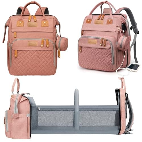 Baby Diaper Bags with Changing Station, Waterproof Diaper Bag Backpack for Moms Dads with USB Charging Port, Baby (Pink)