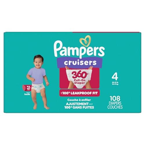 Pampers Diapers - Cruisers 360° - Size 4, up to 100% Leakproof Fit, Designed for Active Babies, Pull On Diaper, EZ Off Tabs Designed for Easy Changes, 1 Pack (Count of 108)