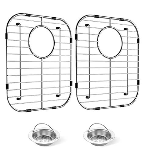2 Pack Sink Protectors for Kitchen Sink, 13" x 11-5/8" SUS304 Stainless Steel Kitchen Sink Bottom Grid 2pcs with 2pcs Sink Strainers, Rear Drain with Corner Radius 1-1/2"