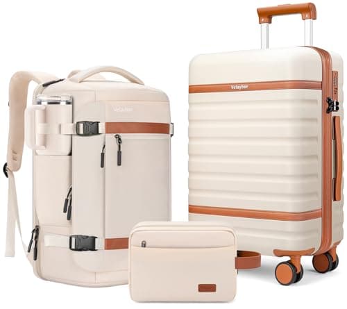 Velaybor Luggage Sets 3 Piece with Spinner Wheels, Lightweight PC Hardside Suitcase with TSA Lock & YKK Zippers, 20 Inch Carry On Luggage with Travel Bag for Men and Women, Beige