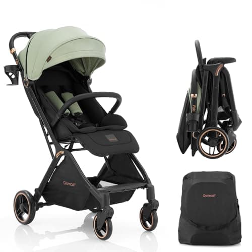 Gromast Gravity Folding Baby Stroller - Portable Toddler Stroller w/Adjustable Backrest & Canopy, Lightweight and UV Protected Travel Stroller, One-Hand Automatic Folding - Green