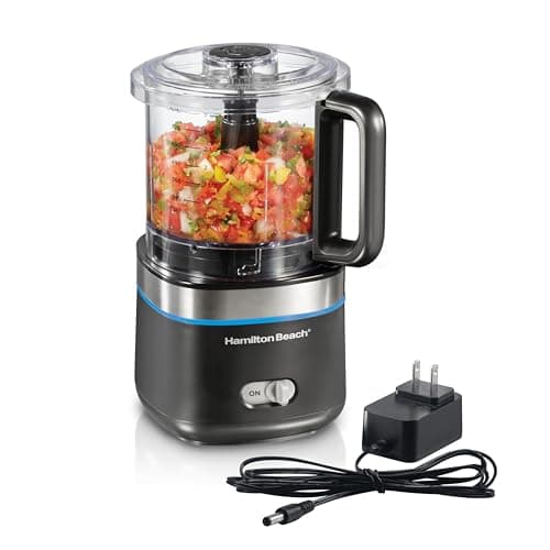 Hamilton Beach Cordless Food Chopper & Mini Food Processor, 4 Cup Capacity, Rechargeable Lithium Ion Battery, Fast Recharging, Chop, Puree, Emulsify & Grind, Black, 72880