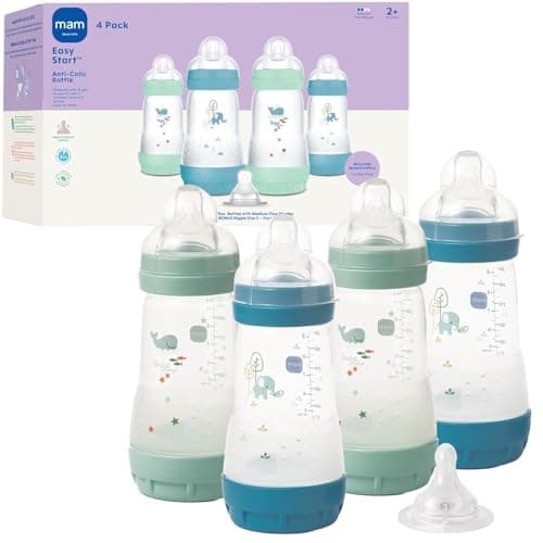 MAM 9oz Easy Start Anti-Colic+ Wide Neck Baby Bottle, Medium Flow Breastfeeding-Like Nipple, Reduces Colic Gas & Reflux, Easy To Clean, BPA Free, 2+ Months, Made In Europe, Bonus Fast Flow Nipple, Boy