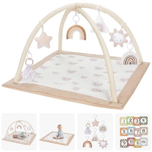 Washable Baby Gym Activity Center with Play Mat, Rainbow Early Development Playmats, 6 Toys for Infant & Toddler, Larger